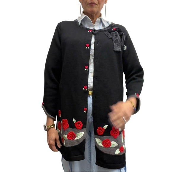 Storybook Knits Vintage Long Embroidered Rose Floral Teacher Cardigan Sweater - Picture 4 of 17